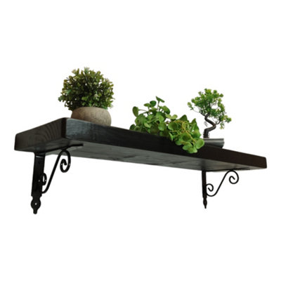 Solid Wood Handmade Rustical Shelf Black Ash 225mm 9 inch with Black Metal Bracket WOZ Length of 40cm