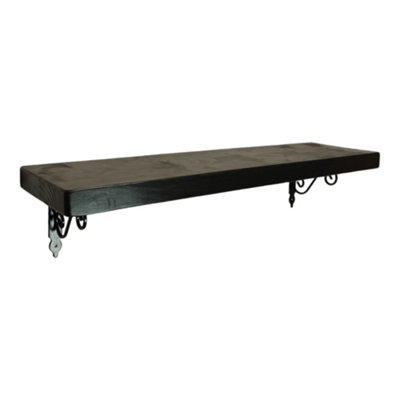 Solid Wood Handmade Rustical Shelf Black Ash 225mm 9 inch with Black Metal Bracket WOZ Length of 40cm