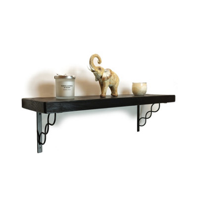 Solid Wood Handmade Rustical Shelf Black Ash 225mm 9 inch with Black Metal Bracket WPRP Length of 50cm