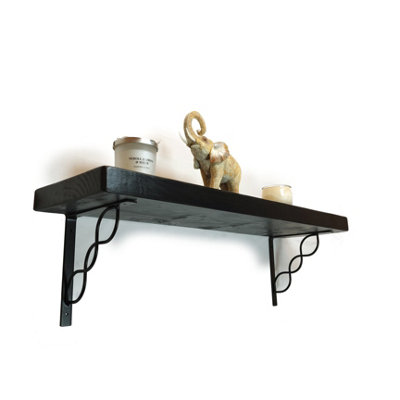 Solid Wood Handmade Rustical Shelf Black Ash 225mm 9 inch with Black Metal Bracket WPRP Length of 50cm