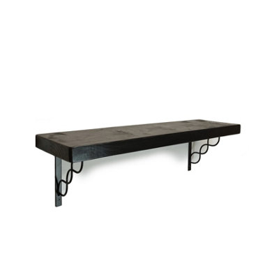 Solid Wood Handmade Rustical Shelf Black Ash 225mm 9 inch with Black Metal Bracket WPRP Length of 50cm