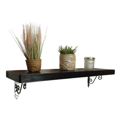 Solid Wood Handmade Rustical Shelf Black Ash 225mm 9 inch with Silver Metal Bracket WOZ Length of 140cm