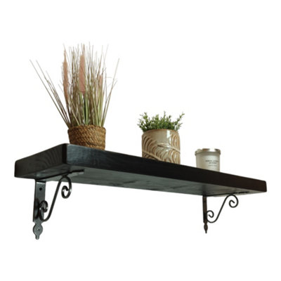 Solid Wood Handmade Rustical Shelf Black Ash 225mm 9 inch with Silver Metal Bracket WOZ Length of 140cm