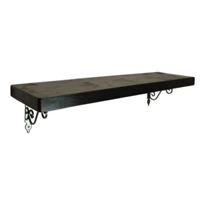 Solid Wood Handmade Rustical Shelf Black Ash 225mm 9 inch with Silver Metal Bracket WOZ Length of 140cm