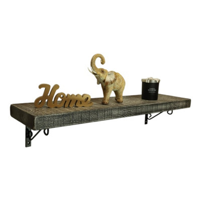 Solid Wood Handmade Rustical Shelf Monochrome 175mm 7 inch with Black Metal Bracket WOP Length of 170cm