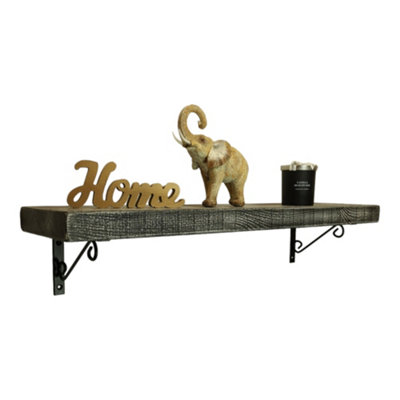 Solid Wood Handmade Rustical Shelf Monochrome 175mm 7 inch with Black Metal Bracket WOP Length of 170cm