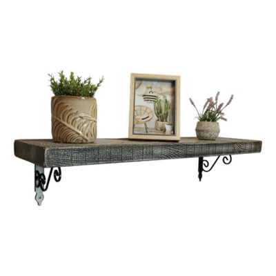 Solid Wood Handmade Rustical Shelf Monochrome 175mm 7 inch with Black Metal Bracket WOZ Length of 50cm