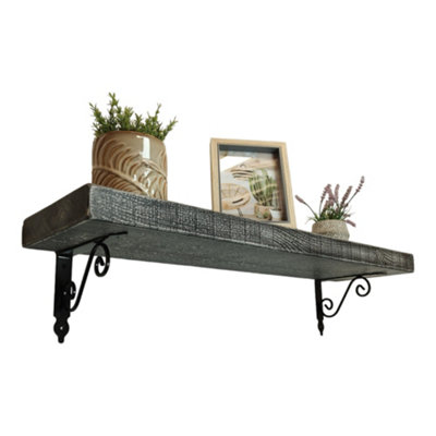 Solid Wood Handmade Rustical Shelf Monochrome 175mm 7 inch with Black Metal Bracket WOZ Length of 50cm