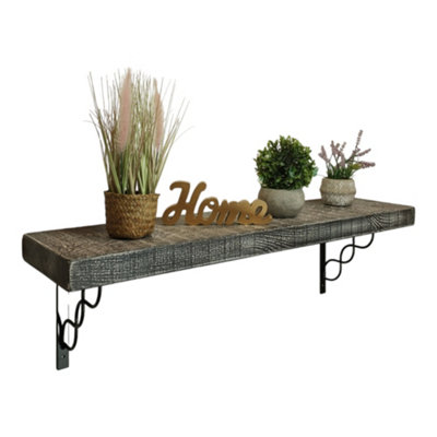 Solid Wood Handmade Rustical Shelf Monochrome 175mm 7 inch with Black Metal Bracket WPRP Length of 210cm