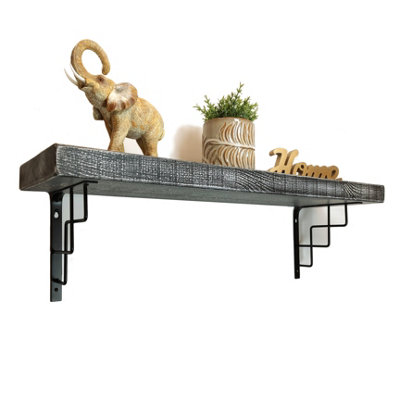 Solid Wood Handmade Rustical Shelf Monochrome 225mm 9 inch with Black Metal Bracket SQUARE Length of 20cm