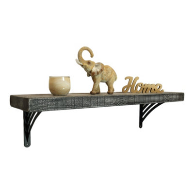 Solid Wood Handmade Rustical Shelf Monochrome 225mm 9 inch with Black Metal Bracket WAT Length of 90cm