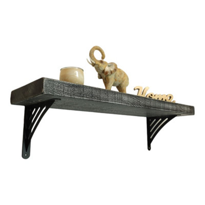 Solid Wood Handmade Rustical Shelf Monochrome 225mm 9 inch with Black Metal Bracket WAT Length of 90cm