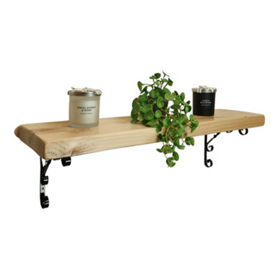 Solid Wood Handmade Rustical Shelf Primed 145mm 6 inch with Black Metal Bracket WO Length of 150cm