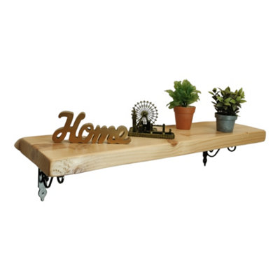 Solid Wood Handmade Rustical Shelf Primed 145mm 6 inch with Black Metal Bracket WOZ Length of 210cm