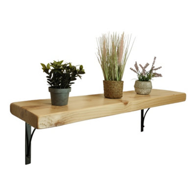 Solid Wood Handmade Rustical Shelf Primed 175mm 7 inch with Black Metal Bracket BOW Length of 140cm