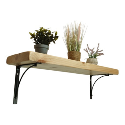 Solid Wood Handmade Rustical Shelf Primed 175mm 7 inch with Black Metal Bracket BOW Length of 220cm