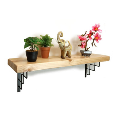 Solid Wood Handmade Rustical Shelf Primed 175mm 7 inch with Black Metal Bracket SQUARE Length of 130cm