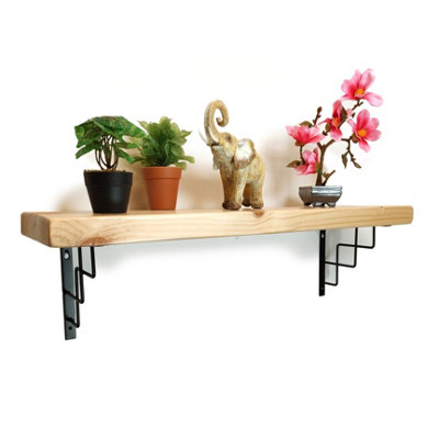 Solid Wood Handmade Rustical Shelf Primed 175mm 7 inch with Black Metal Bracket SQUARE Length of 130cm