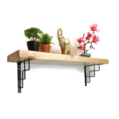 Solid Wood Handmade Rustical Shelf Primed 175mm 7 inch with Black Metal Bracket SQUARE Length of 130cm