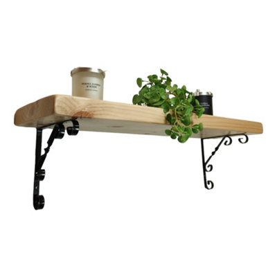 Solid Wood Handmade Rustical Shelf Primed 175mm 7 inch with Black Metal Bracket WO Length of 30cm