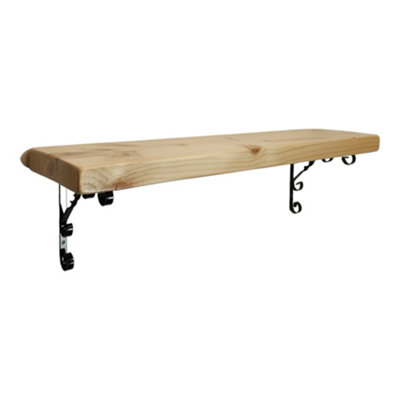 Solid Wood Handmade Rustical Shelf Primed 175mm 7 inch with Black Metal Bracket WO Length of 30cm