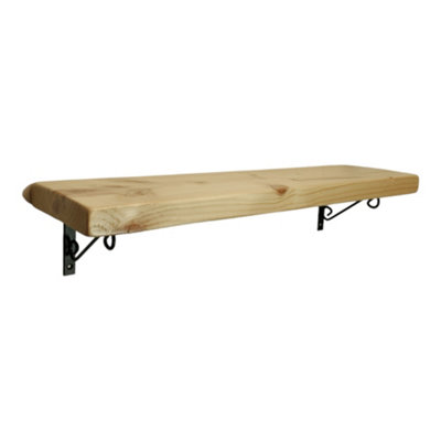 Solid Wood Handmade Rustical Shelf Primed 175mm 7 inch with Black Metal Bracket WOP Length of 130cm