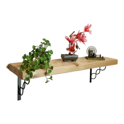 Solid Wood Handmade Rustical Shelf Primed 175mm 7 inch with Black Metal Bracket WPRP Length of 140cm