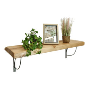 Solid Wood Handmade Rustical Shelf Primed 175mm 7 inch with Silver Metal Bracket TRAMP Length of 110cm