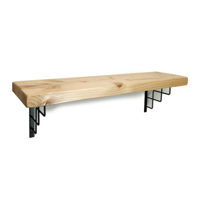 Solid Wood Handmade Rustical Shelf Primed 225mm 9 inch with Black Metal Bracket SQUARE Length of 200cm