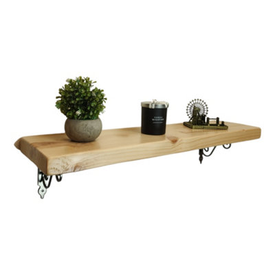 Solid Wood Handmade Rustical Shelf Primed 225mm 9 inch with Silver Metal Bracket WOZ Length of 140cm