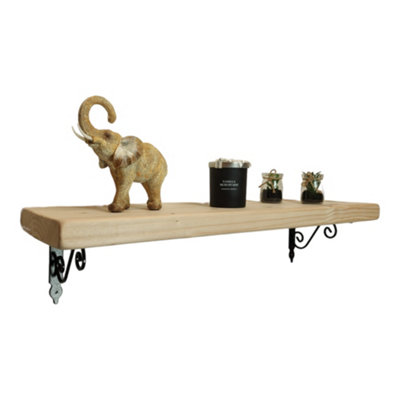 Solid Wood Handmade Rustical Shelf Unprimed 145mm 6 inch with Black Metal Bracket WOZ Length of 170cm