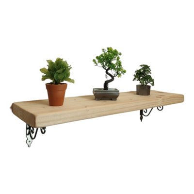 Solid Wood Handmade Rustical Shelf Unprimed 145mm 6 inch with Silver Metal Bracket WOZ Length of 160cm