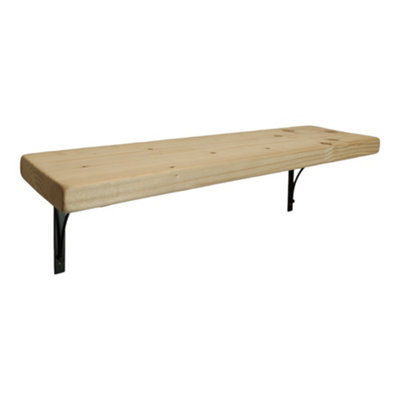 Solid Wood Handmade Rustical Shelf Unprimed 175mm 7 inch with Black Metal Bracket BOW Length of 100cm