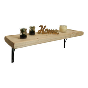Solid Wood Handmade Rustical Shelf Unprimed 175mm 7 inch with Black Metal Bracket BOW Length of 110cm