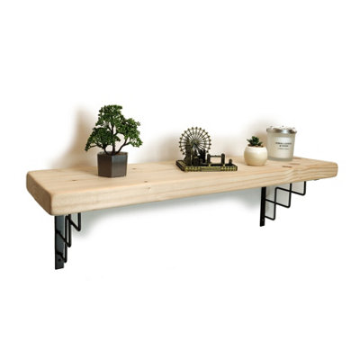 Solid Wood Handmade Rustical Shelf Unprimed 175mm 7 inch with Black Metal Bracket SQUARE Length of 110cm