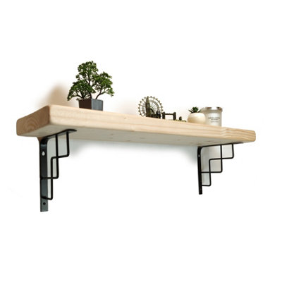 Solid Wood Handmade Rustical Shelf Unprimed 175mm 7 inch with Black Metal Bracket SQUARE Length of 110cm