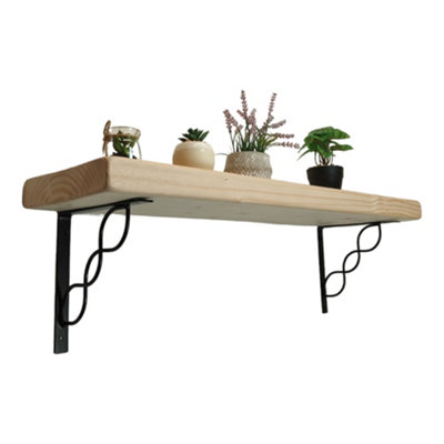 Solid Wood Handmade Rustical Shelf Unprimed 175mm 7 inch with Black Metal Bracket WPRP Length of 140cm