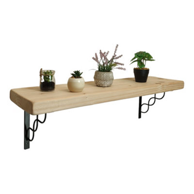 Solid Wood Handmade Rustical Shelf Unprimed 175mm 7 inch with Black Metal Bracket WPRP Length of 210cm