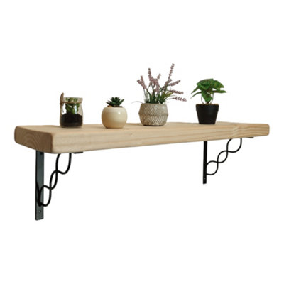 Solid Wood Handmade Rustical Shelf Unprimed 175mm 7 inch with Black Metal Bracket WPRP Length of 50cm