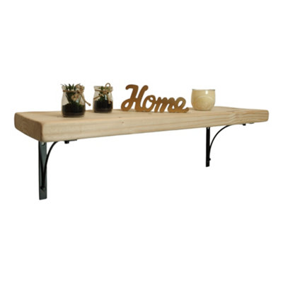 Solid Wood Handmade Rustical Shelf Unprimed 225mm 9 inch with Black Metal Bracket BOW Length of 120cm