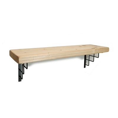 Solid Wood Handmade Rustical Shelf Unprimed 225mm 9 inch with Black Metal Bracket SQUARE Length of 220cm