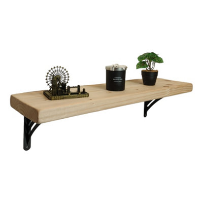 Solid Wood Handmade Rustical Shelf Unprimed 225mm 9 inch with Black Metal Bracket WAT Length of 190cm