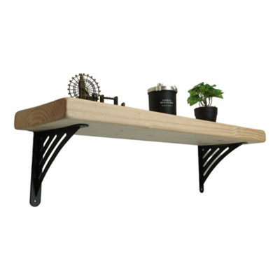 Solid Wood Handmade Rustical Shelf Unprimed 225mm 9 inch with Black Metal Bracket WAT Length of 20cm