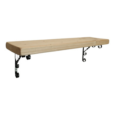 Solid Wood Handmade Rustical Shelf Unprimed 225mm 9 inch with Black Metal Bracket WO Length of 110cm