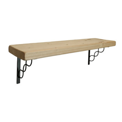 Solid Wood Handmade Rustical Shelf Unprimed 225mm 9 inch with Black Metal Bracket WPRP Length of 240cm