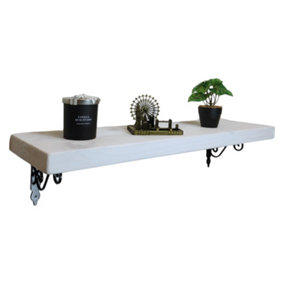 Solid Wood Handmade Rustical Shelf White 145mm 6 inch with Black Metal Bracket WOZ Length of 100cm