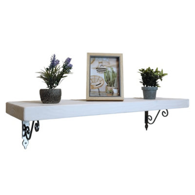 Solid Wood Handmade Rustical Shelf White 145mm 6 inch with Silver Metal Bracket WOZ Length of 100cm