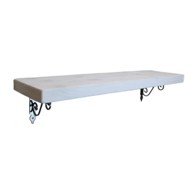 Solid Wood Handmade Rustical Shelf White 145mm 6 inch with Silver Metal Bracket WOZ Length of 100cm