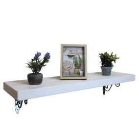 Solid Wood Handmade Rustical Shelf White 145mm 6 inch with Silver Metal Bracket WOZ Length of 110cm
