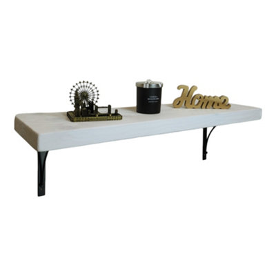 Solid Wood Handmade Rustical Shelf White 175mm 7 inch with Black Metal Bracket BOW Length of 210cm